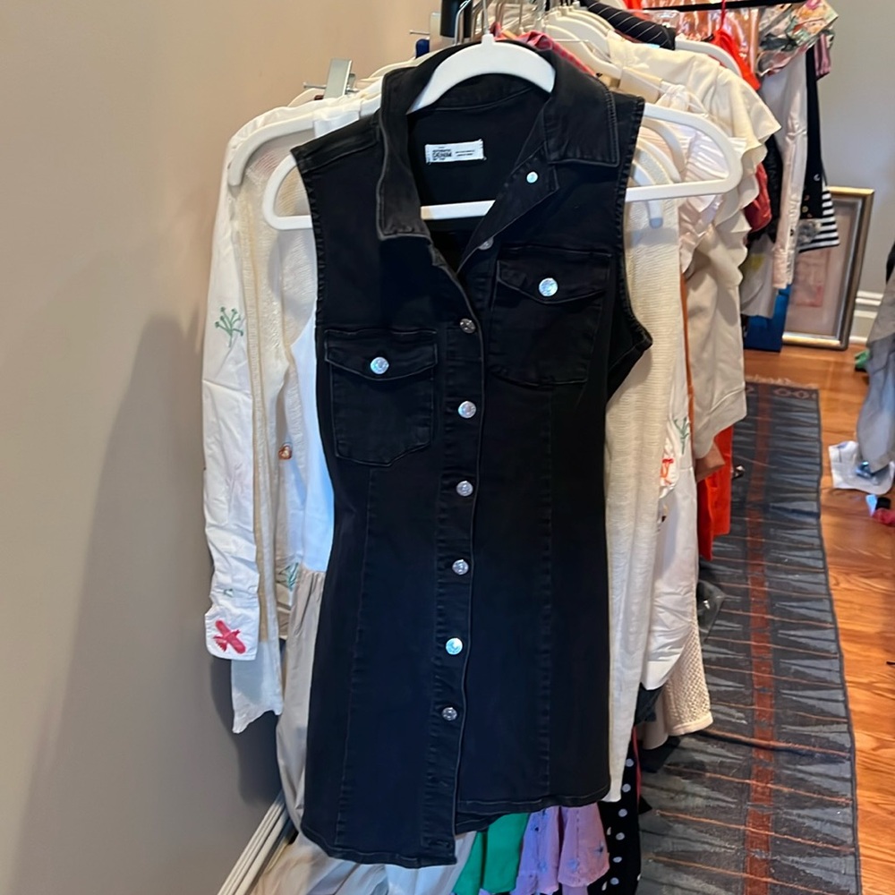 Black denim wash button up fitted dress